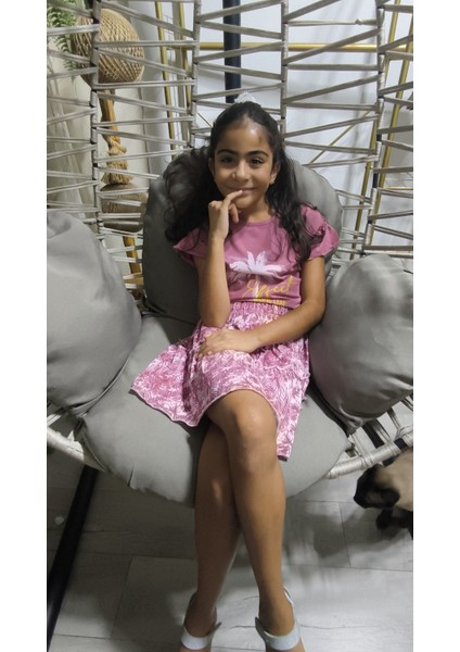 Kız Çocuk Etekli Tişörtlü Takım Pamuklu Palmiyeli indirimleri