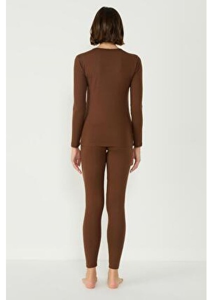 Kadın Uzun Kol Termal Takım Kahverengi Günlük Kullanım İçin Uygun