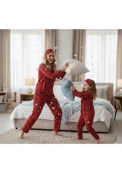 Anne Kız Pijama Takımı Premium Süet Uyku Bantlı Önden Düğmeli Uzun Kollu Kışlık Kalpli Kırmızı fiyatları