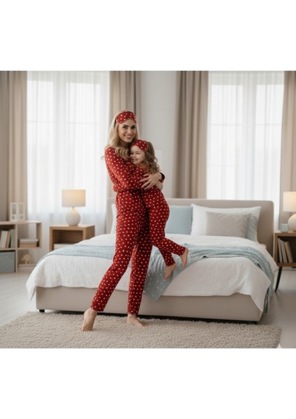 Anne Kız Pijama Takımı Premium Süet Uyku Bantlı Önden Düğmeli Uzun Kollu Kışlık Kalpli Kırmızı modelleri