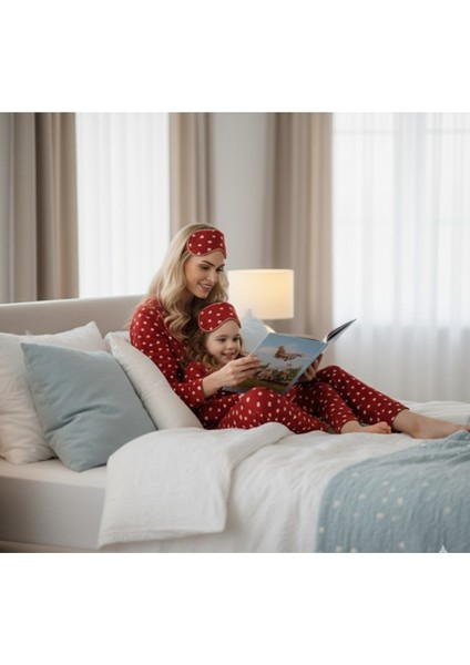 Anne Kız Pijama Takımı Premium Süet Uyku Bantlı Önden Düğmeli Uzun Kollu Kışlık Kalpli Kırmızı fırsatları