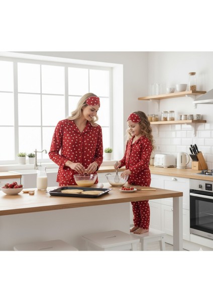 Anne Kız Pijama Takımı Premium Süet Uyku Bantlı Önden Düğmeli Uzun Kollu Kışlık Kalpli Kırmızı indirimleri