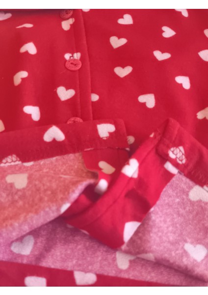 Anne Kız Pijama Takımı Premium Süet Uyku Bantlı Önden Düğmeli Uzun Kollu Kışlık Kalpli Kırmızı