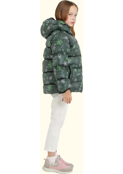 Kız Çocuk Pusula Desen Polar Su ve Rüzgar Geçirmez Kapüşonlu Şişme Kışlık Mont