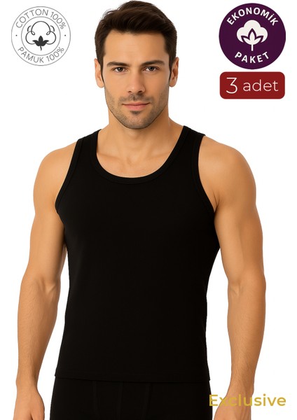 3'lü Paket Pamuklu Ribana Kalın Askılı Erkek Atlet | Siyah K0113