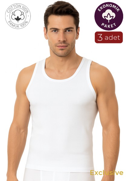 3'lü Paket Pamuklu Ribana Kalın Askılı Erkek Atlet | Beyaz K0113