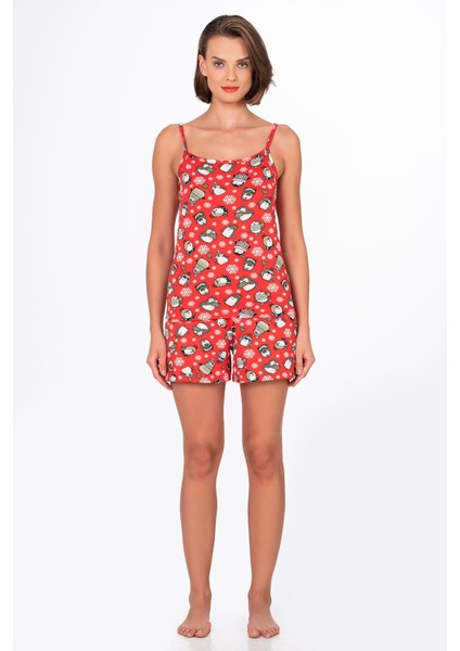 Kadın Kırmızı Desenli Ip Askılı Şortlu Pijama Takımı