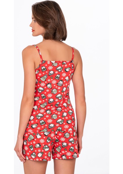 Kadın Kırmızı Desenli Ip Askılı Şortlu Pijama Takımı modelleri