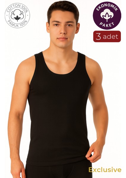 3'lü Paket Pamuklu Süprem Kalın Askılı Klasik Erkek Atlet | Siyah K0050