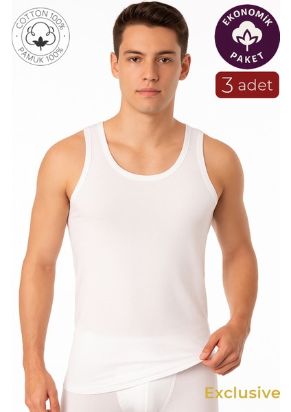 3'lü Paket Pamuklu Süprem Kalın Askılı Klasik Erkek Atlet | Beyaz K0050