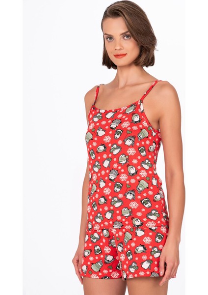 Kadın Kırmızı Desenli Ip Askılı Şortlu Pijama Takımı fırsatları
