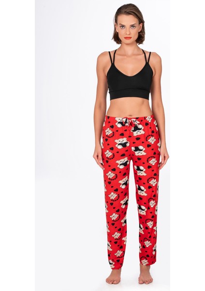Kadın Süet Kalpli Ayıcık Desenli Pijama Tek Alt