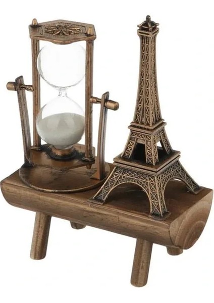 Retro Eyfel Kulesi ve Kum Saati Dekoratif Ahşap Görünümlü Masa Biblosu