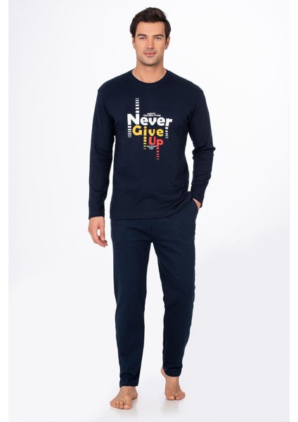 Erkek Bisiklet Yaka Pamuklu Pijama Takımı | Lacivert 027