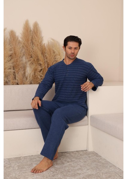 Erkek Selanik Önü Patlı Pamuklu Pijama Takımı | Lacivert 631
