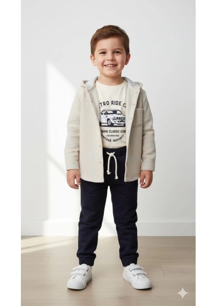 Erkek Çocuk Kapşonlu Hırka Tişört ve Pantolonlu 3'lü Takım