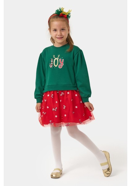 Yeşil Joy Baskılı Tül Etekli Kız Çocuk Elbise - Fragile