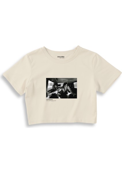 LED Zeppelin Limo Los Angeles 1971 Crop Tişört - Ekru