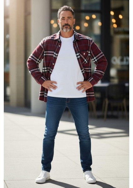 Kışlık Pamuklu Bordo Uzun Kollu Cepli Erkek Oduncu Gömlek (Slim Fit)