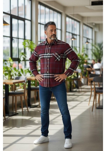 Kışlık Pamuklu Bordo Uzun Kollu Cepli Erkek Oduncu Gömlek (Slim Fit) fiyatları