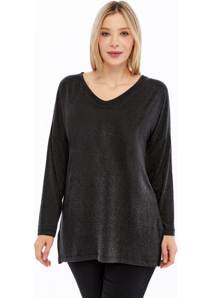 Büyük Beden V Yaka Uzun Kol Yırtmaçlı Kırçıllı Viskon Kumaş Bluz