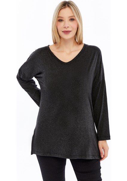 Büyük Beden V Yaka Uzun Kol Yırtmaçlı Kırçıllı Viskon Kumaş Bluz fiyatları