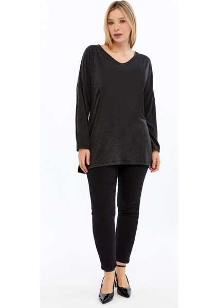 Büyük Beden V Yaka Uzun Kol Yırtmaçlı Kırçıllı Viskon Kumaş Bluz modelleri