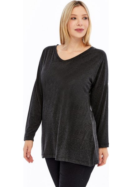 Büyük Beden V Yaka Uzun Kol Yırtmaçlı Kırçıllı Viskon Kumaş Bluz fırsatları