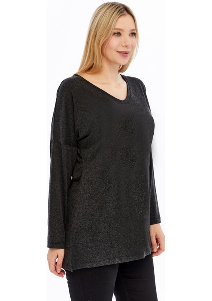 Büyük Beden V Yaka Uzun Kol Yırtmaçlı Kırçıllı Viskon Kumaş Bluz indirimleri