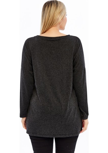 Büyük Beden V Yaka Uzun Kol Yırtmaçlı Kırçıllı Viskon Kumaş Bluz