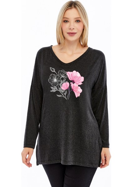 Büyük Beden Manolya Baskılı V Yaka Uzun Kol Yırtmaçlı Kırçıllı Viskon Kumaş Bluz