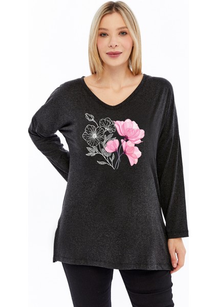 Büyük Beden Manolya Baskılı V Yaka Uzun Kol Yırtmaçlı Kırçıllı Viskon Kumaş Bluz fiyatları