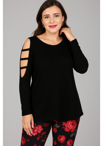 Büyük Beden Omuz Şerit Biyeli Uzun Kol Viskon Bluz