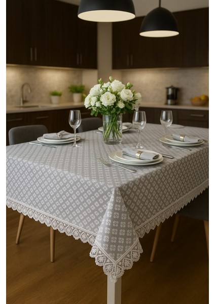 Lüks Gri Dantel Detaylı Masa Örtüsü Şık Desenli Su Geçirmez Kumaş Şık Sofra Dekoru
