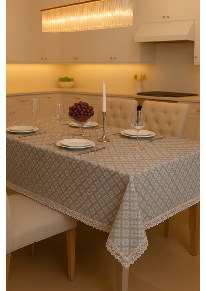 Lüks Gri Dantel Detaylı Masa Örtüsü Şık Desenli Su Geçirmez Kumaş Şık Sofra Dekoru fırsatları