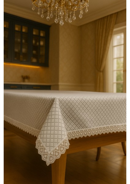 Lüks Gri Dantel Detaylı Masa Örtüsü Şık Desenli Su Geçirmez Kumaş Şık Sofra Dekoru