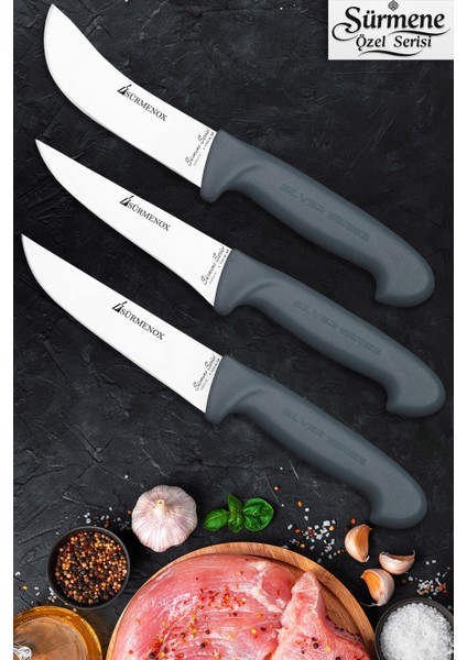 Sürmene Gri Serisi Mutfak Bıçak Seti Yüzme Sıyırma Kasap Et Ekmek Sebze Bıçağı 3 Lü Set HDS-104