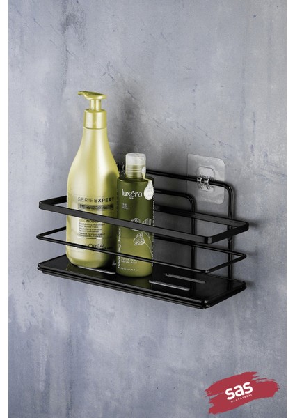 Yapışkanlı Ayarlanabilir Tekli Banyo Duş Rafı – Paslanmaz Kristal Şampuanlık (Yapıştır/vidala) Siyah - Lş-01 - Ss