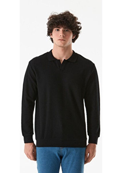 Erkek Fitilli Polo Yaka Triko Kazak Uzun Kol Siyah Renk 70 cm Boy