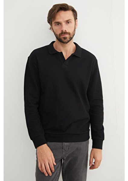 Erkek Fitilli Polo Yaka Triko Kazak Uzun Kol Siyah Renk 70 cm Boy