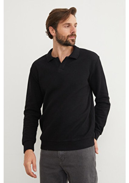 Erkek Fitilli Polo Yaka Triko Kazak Uzun Kol Siyah Renk 70 cm Boy