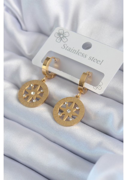 316L Çelik Gold Renk Kutup Yıldızı Model Işleme Detay Zirkon Taşlı Kadın Küpe - Lisinya