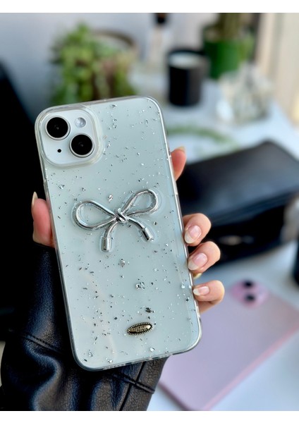 Iphone 14 Plus - 15 Plus Uyumlu Şeffaf Simli Kurdele Epoksili Telefon Kılıfı