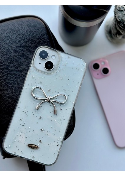 Iphone 14 Plus - 15 Plus Uyumlu Şeffaf Simli Kurdele Epoksili Telefon Kılıfı modelleri