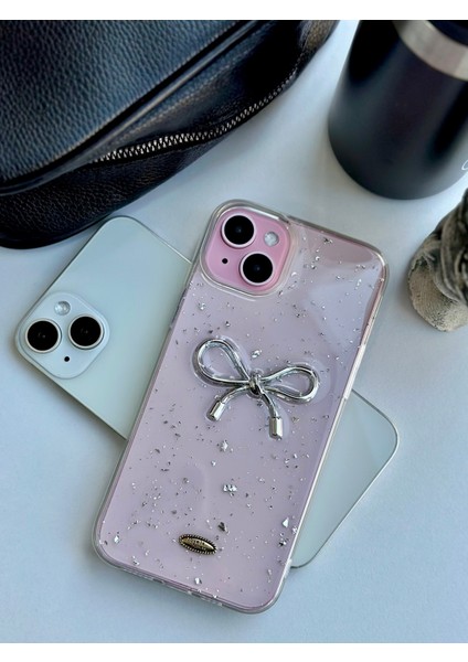 Iphone 14 Plus - 15 Plus Uyumlu Şeffaf Simli Kurdele Epoksili Telefon Kılıfı