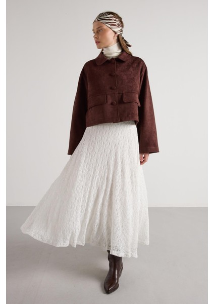 Kadın Ekru Astarlı Uzun Dantel Etek 30052