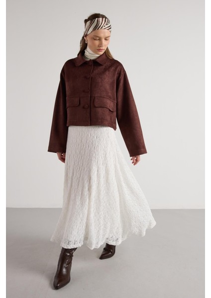 Kadın Ekru Astarlı Uzun Dantel Etek 30052