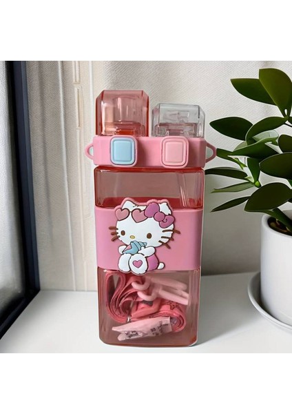 Hello Kitty Figürlü Çocuk Suluk Matara 520ML Askılı Bölmeli Kapak Plastik AD70098