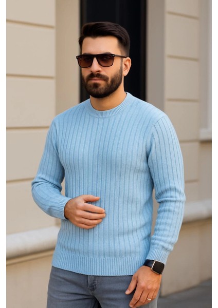 Erkek Bisiklet Yuvarlak Yaka Triko Kazak Pamuklu Kalın Fitilli Dokuma, Regular Fit Uzun Kollu Kışlık Model - Bebe Mavisi