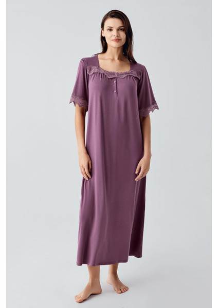 Dantelli Düğmeli Kısa Kollu Esnek Viskoz Uzun Gecelik 17111